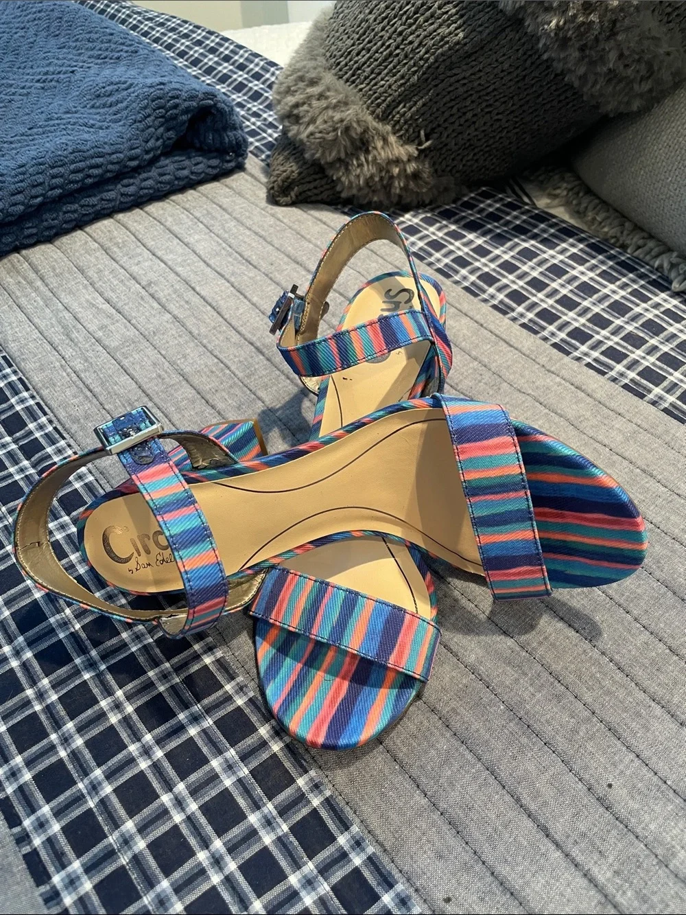 NWOB CIRCUS BY SAM EDELMAN Ankle-Strap Sandals in Blue, Pink, and Coral Size 7